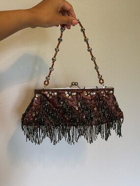 Apt. 9 | Vintage 90s-Y2K Beaded Fringe Evening Clutch Handbag - Brown